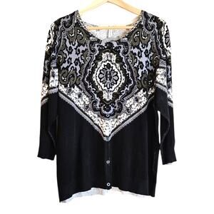 Sahalie Women's Sweater Boho Pattern Button Front Gray Olive Size XL